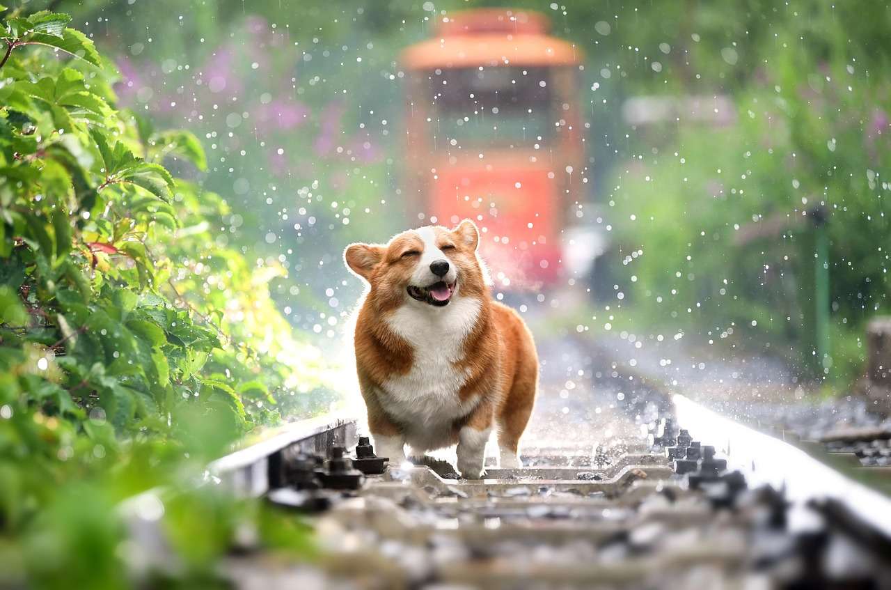 An image of a dog walking in the rain