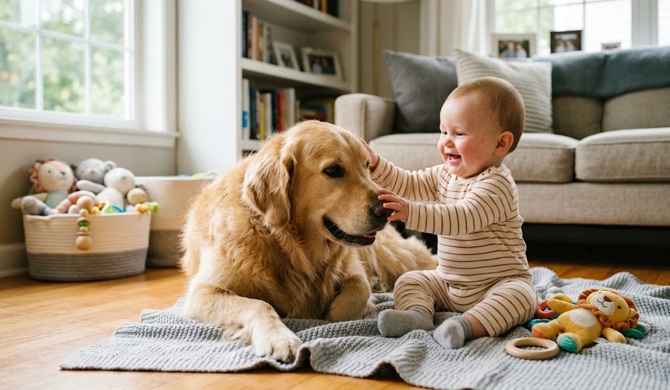 A happy golden retriever getting along with a baby 