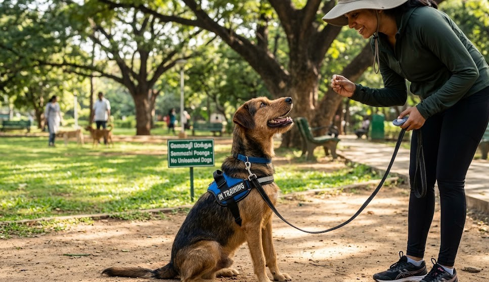 A mixed breed rescue dog walking on a leash looking up eagerly.