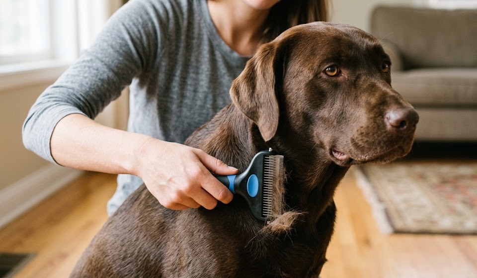An owner grooming a Chocolate Labrador Retriever with a brush to manage shedding.
