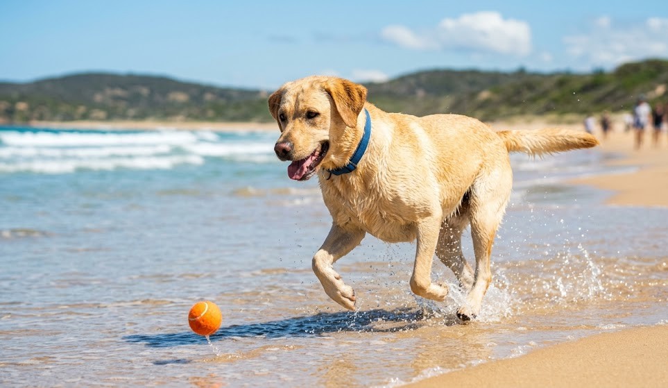 A Fawn Labrador Retriever swimming to retrieve a tennis ball on the beach.