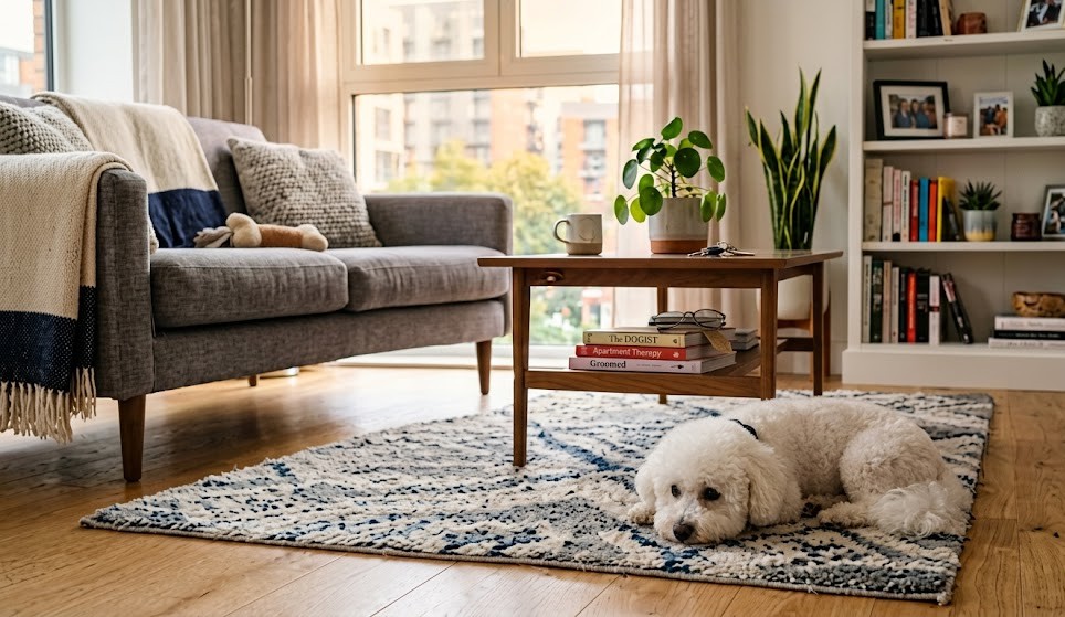 A small Bichon Frise dog sitting happily indoors.