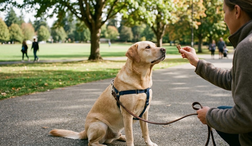 An obedient Labrador sitting for a treat while on a walk
