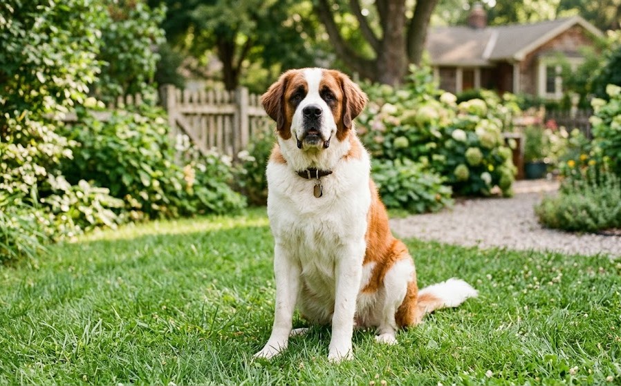A large, gentle Saint Bernard dog sitting in a green yard looking at the camera.