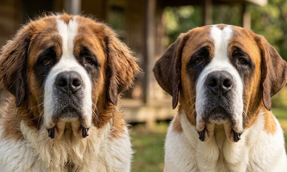 Close-up of a Saint Bernard's face showing their dark mask and thick coat.