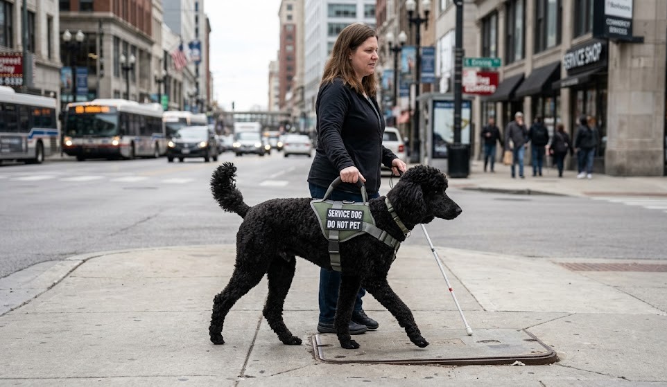 A Standard Poodle in a harness performing a mobility or guiding task on a city street.