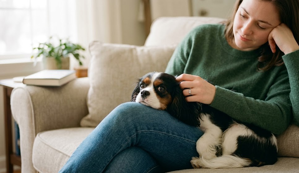 A Cavalier King Charles Spaniel resting its head on a person's lap performing deep pressure therapy.