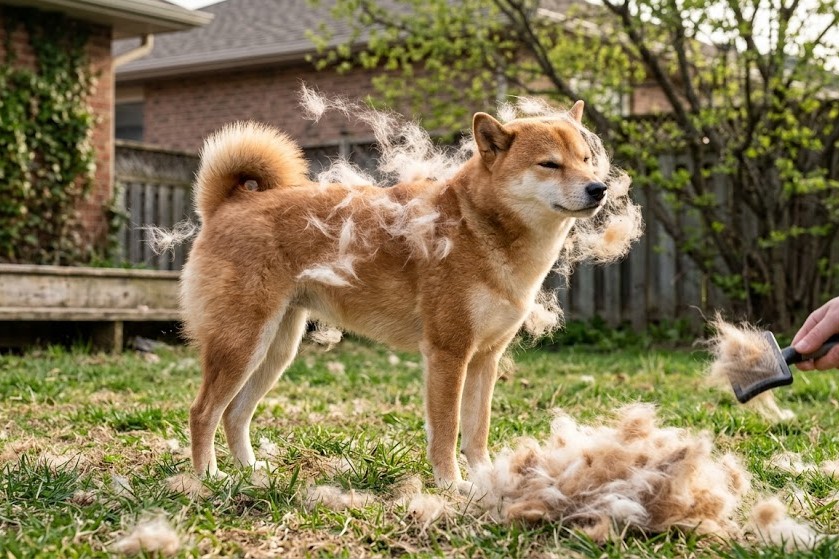 Owner blowing the thick double coat of a shedding Shiba Inu.
