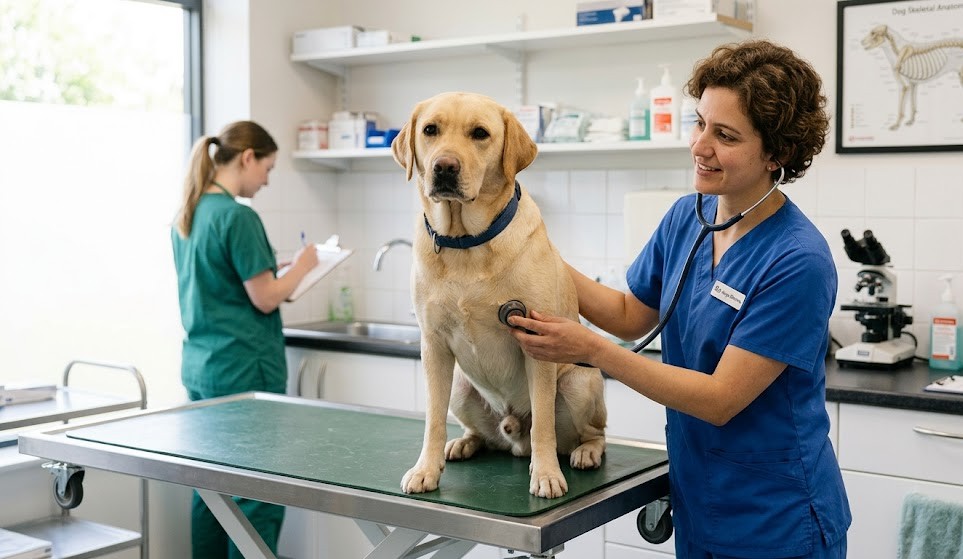 A veterinarian checking the joints of a Labrador Retriever during a routine health exam.